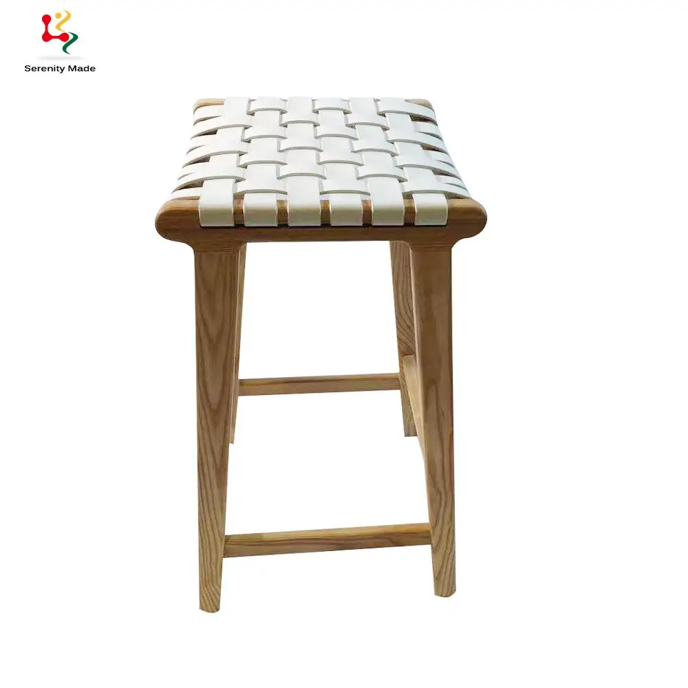 Vintage Country Style Micro Fiber Leather Strap Solid Ash Timber Frame White Ash Wood Stool