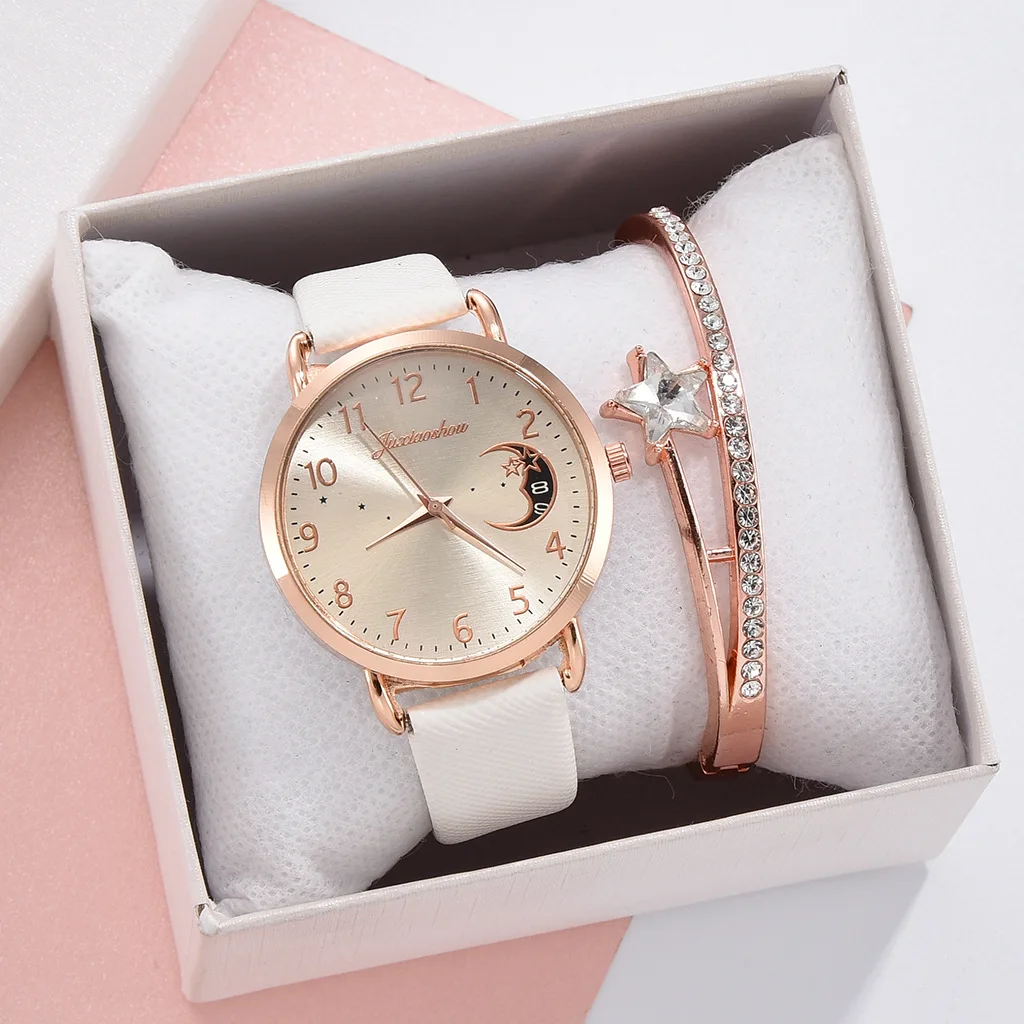 Fashion Hot Sale Watch Moon Numbers Dial Ladies Leather Band Quartz Wristwatch Women Female Clock Bracelet Watches Set