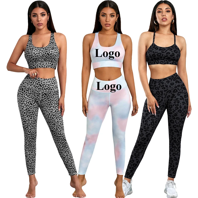 Custom Logo Sexy Leopard Tie Dye Sports Wear Fitness Gym Outfit Yoga Set Women Workout