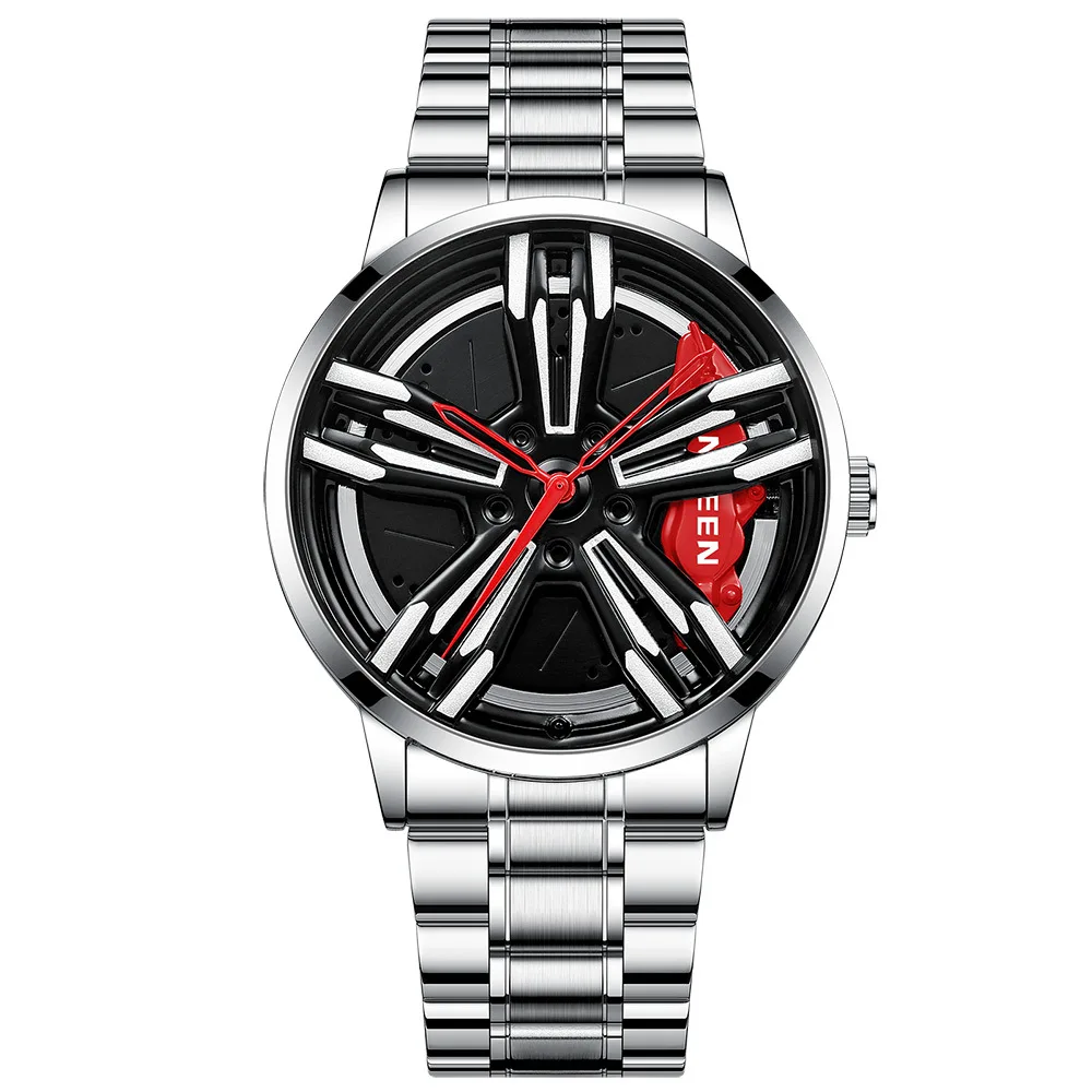 FNGEEN Car Wheel Rotating Watch Trendy Personality Quartz Watches for Men Punk Car Flywheel Hollow Waterproof Wristwatch Reloj