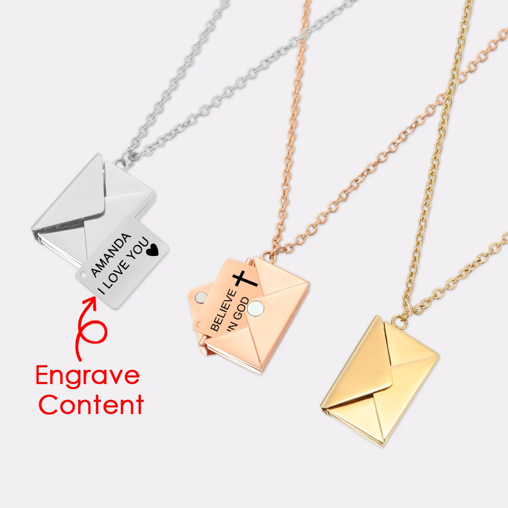 eManco Custom Envelope Locket I Love You Personalized Pendant Necklace for Women Stainless Steel Gold Choker Mother Day Gift