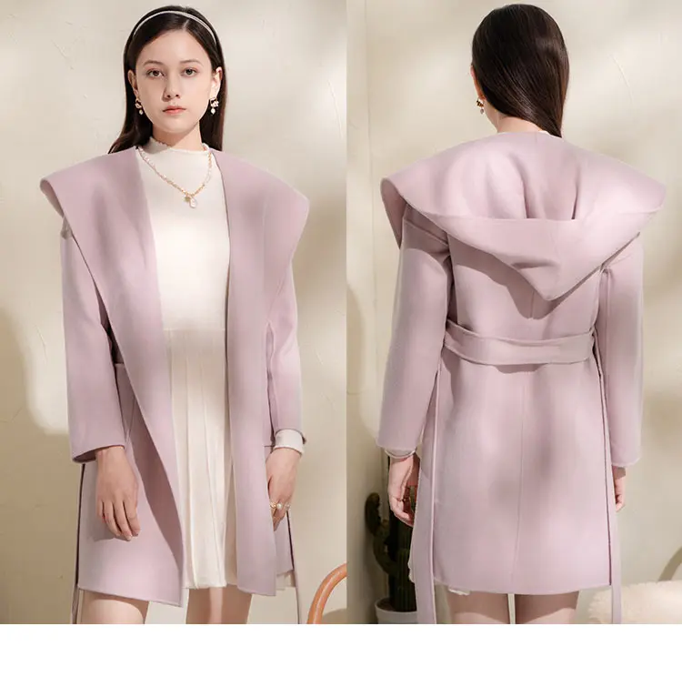 women in the new 2021 woolen coat is long and small size Double-sided cashmere hoodie coat