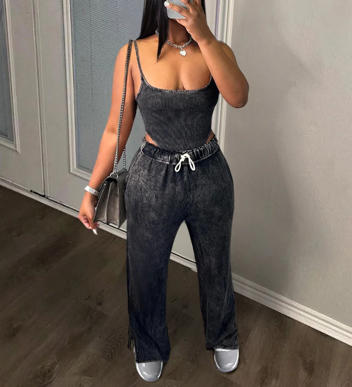Casual Lounge Set Women Fall Clothes 2023 Sleeveless Tank Tops Two Piece Pants Set XS-XL Ladies Drawstring Wide Leg Pants Set