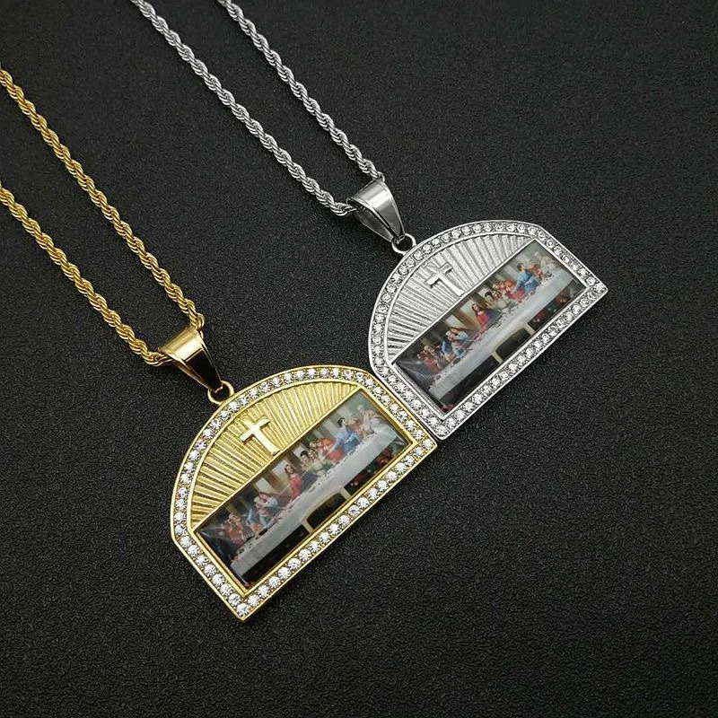Stainless Steel Sublimation Blanks Jewelry Oil Painting Gothic Thirteen Apostles Picture Pendant Jesus Cross Necklace (BN056)