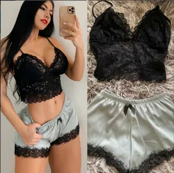 B0112 2022 High Quality 2 Pieces Set Sleepwear Plus Size Women Silk Satin Sexy Lace Pajama Shorts