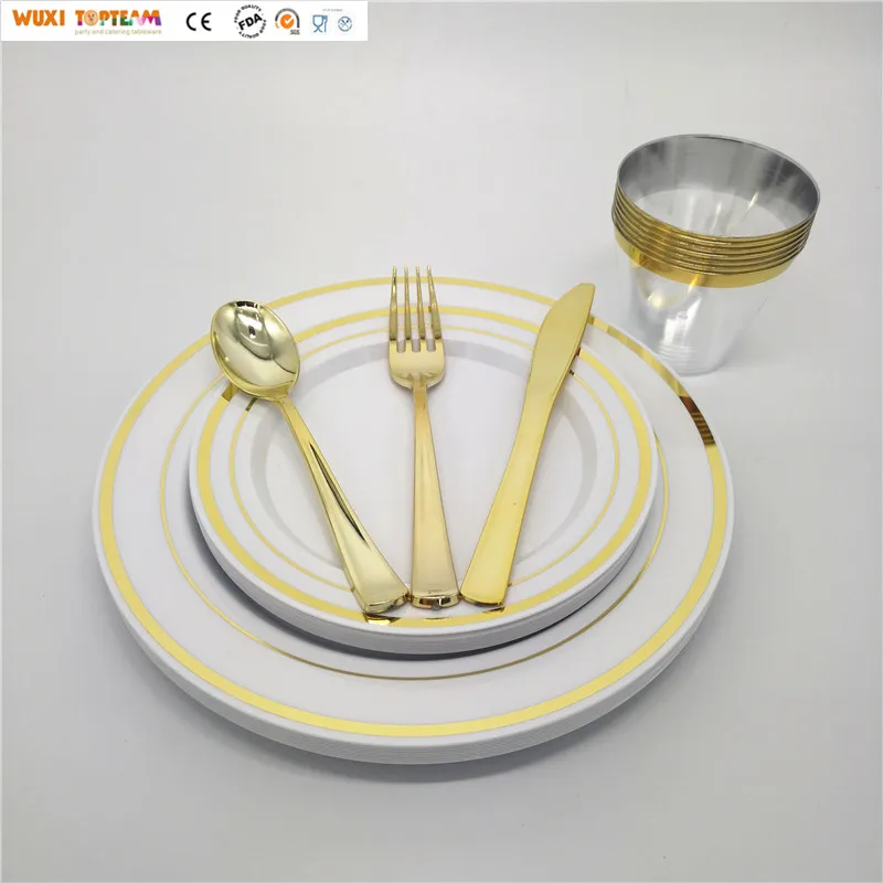 72 pcs/150 piece plastic party restaurant tableware dish gold dinnerware set wedding plates sets