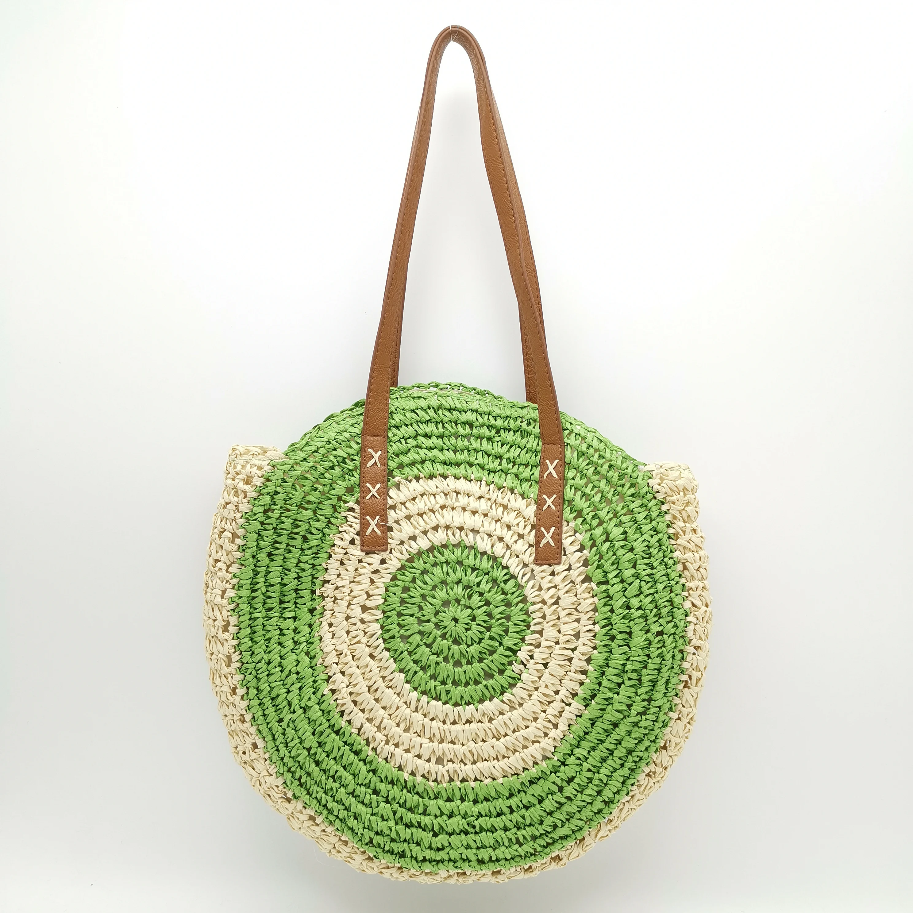 Green Women Handwoven Round Straw Bags Large Summer Beach Tote Shoulder Crochet Bag