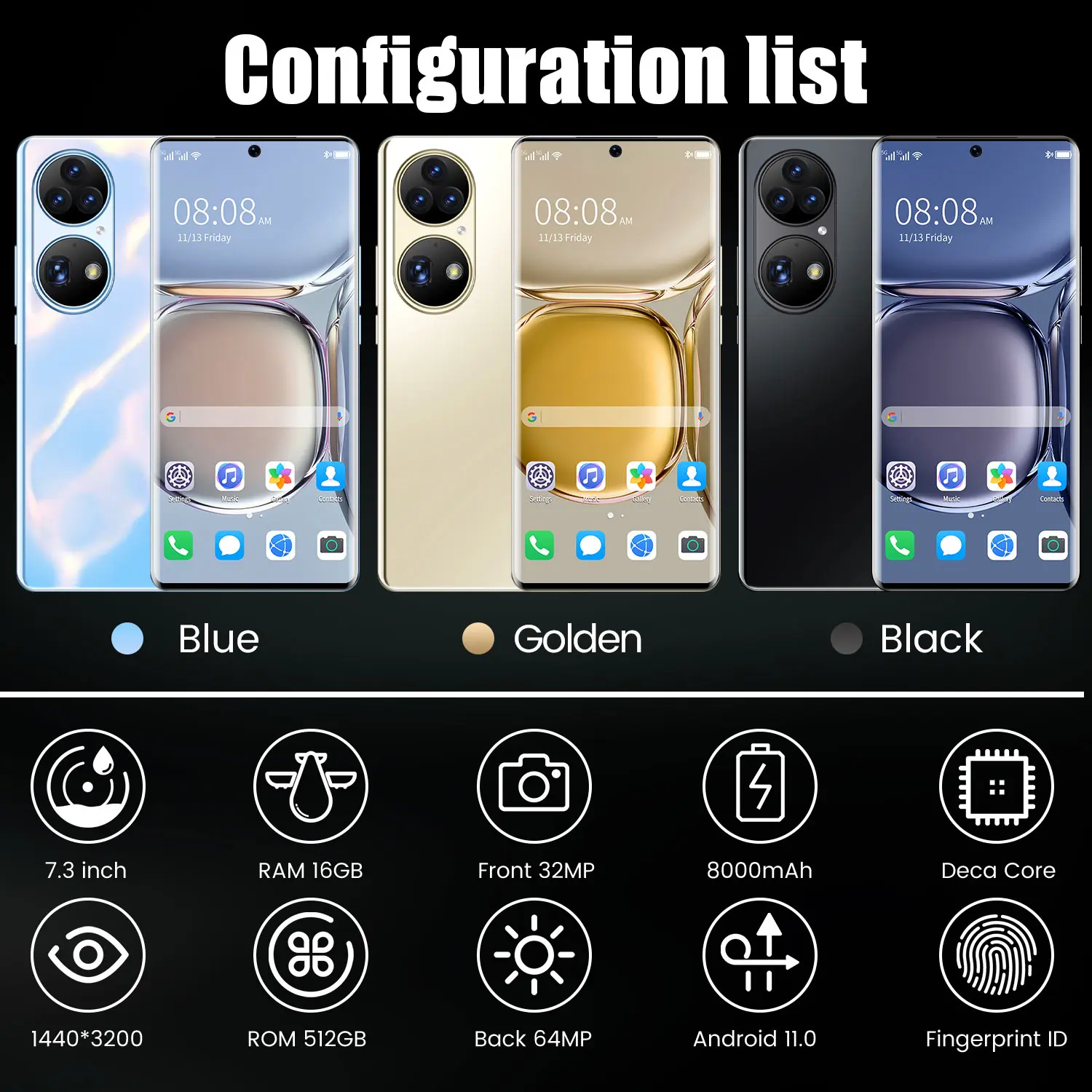 7.2 inch Full Screen for huawei p50 pro Smartphones New Color white Blue Collection Model