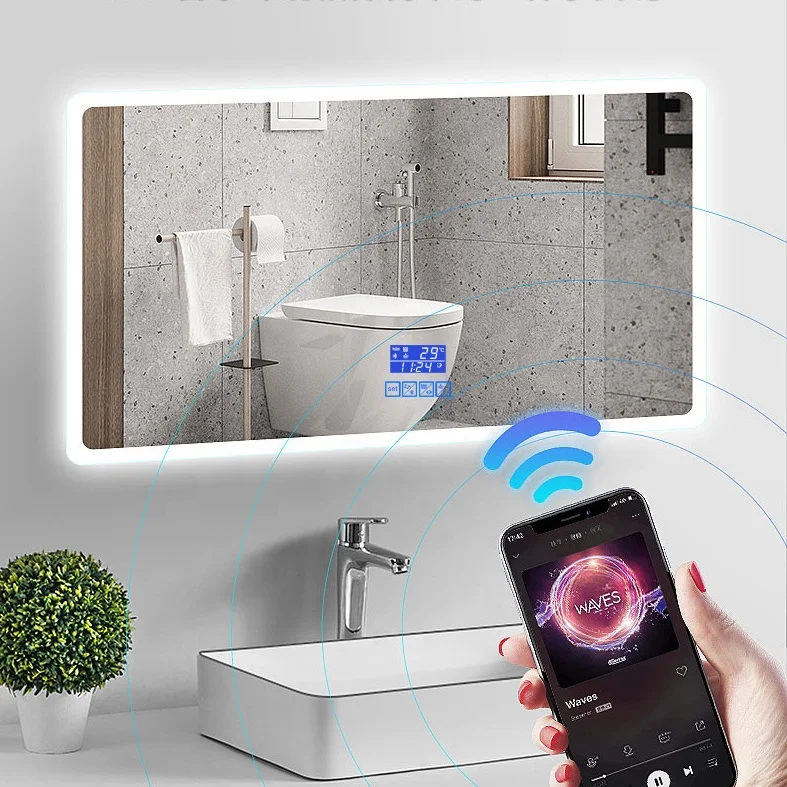 hot sale modern simple style intelligent bathroom ip66 Led mirror with time and temperature