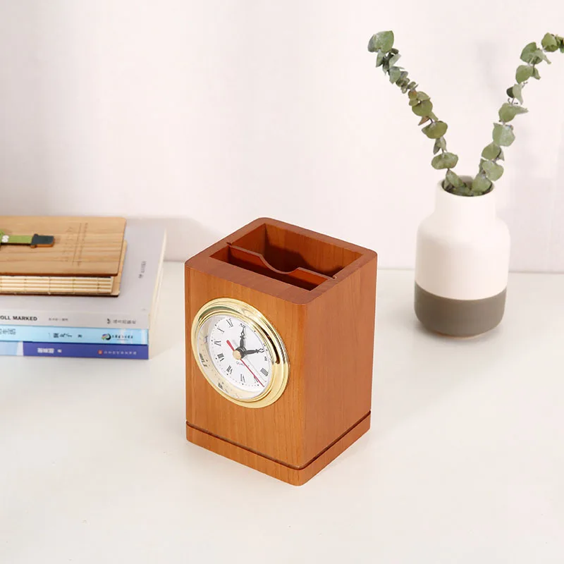 office pen display stand wooden desk organizer pen holder with clock