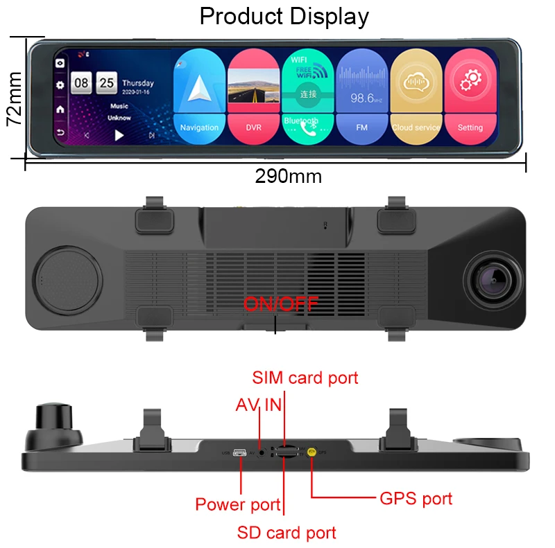 12 inch stream rearview mirror dash cam 4G network gps navigation adas front and rear dual camera driving recorder car black box