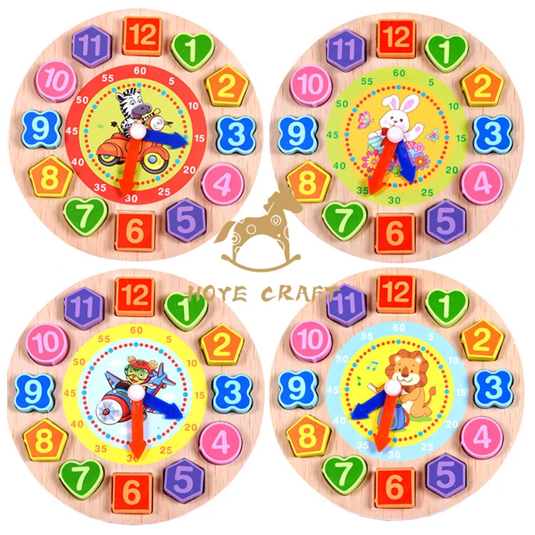HOYE CRAFT New Style Kids Wooden Clock Toy Boys And Girls Number Blocks Puzzle Shape Matching Clock Educational Toy