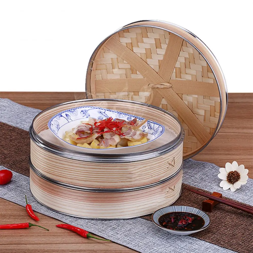 Dim Sum Basket 10 Inch Handmade Bamboo Steamer Two Tier Baskets Bamboo Steamer 12 Inch With Steel Rings