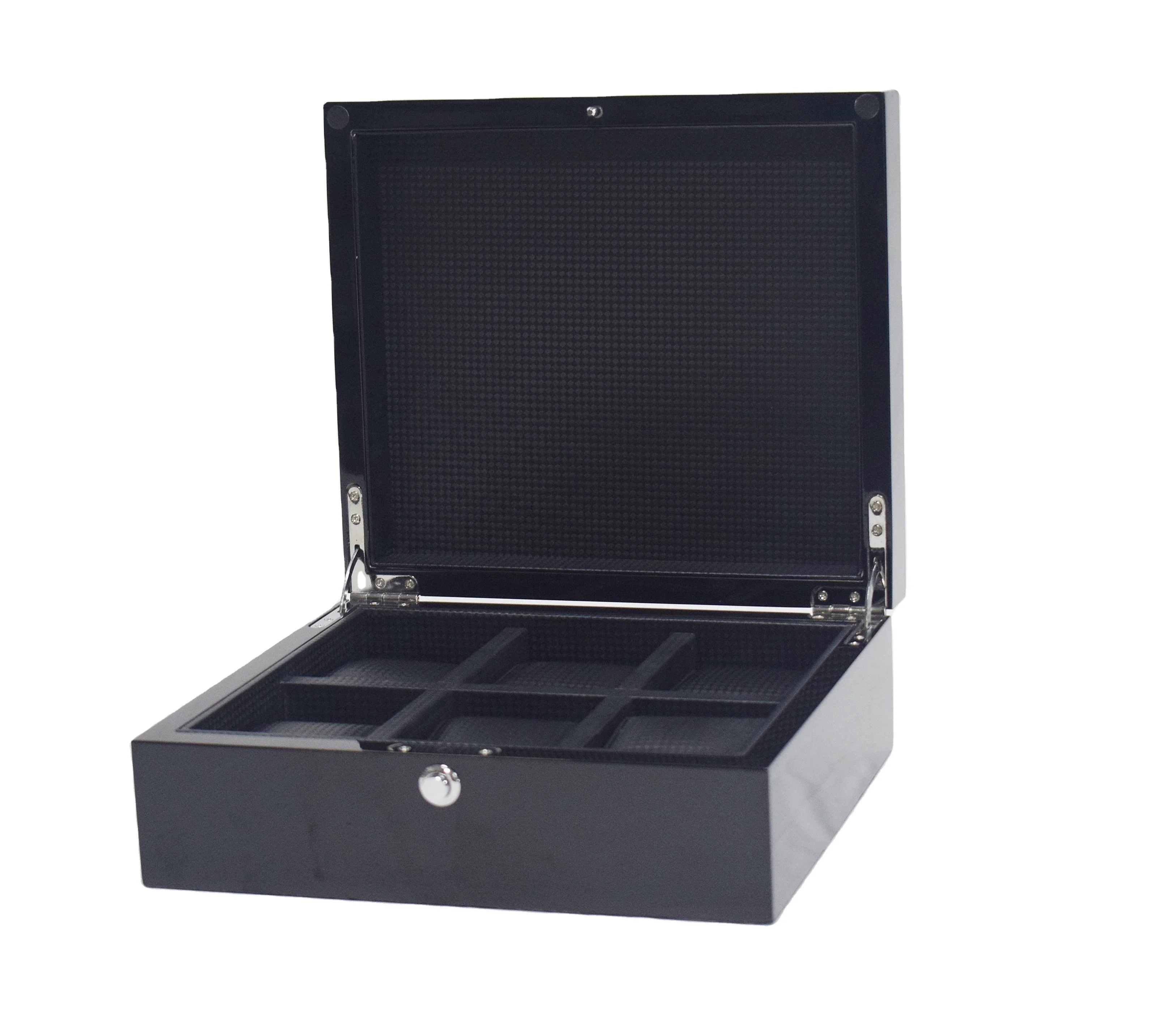 Custom Luxury 6 pcs Wooden Watch Box With High Lacquered Gloss Finish Light Black Velvet Lining