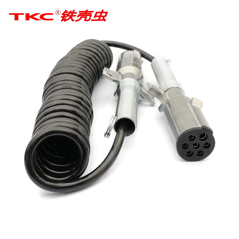 7 Way Plug ABS Coiled Cable Assembly for Power Brake Lights Black Jacket for Semi Truck Trailer Tractor