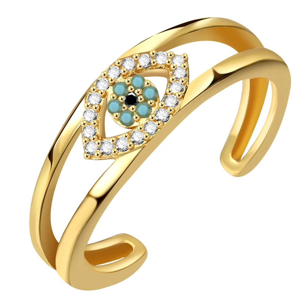 SC New Design 18k Gold Plated Rings Opening Adjustable Brass Micro Zircon Rings Turkey Evil Blue Eye Rings For Women