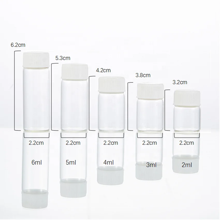 Mini size empty 2ml 3ml 4ml 5ml glass vial bottle packaging  6ml capacity cylinder shape bottle with white plastic cap