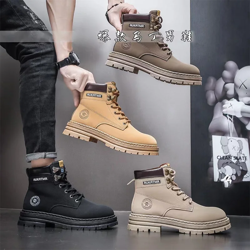 HM-H883 China Factory high quality Stylish Shoes Waterproof Rubber Leather Winter Men Boots Men Leather Boots