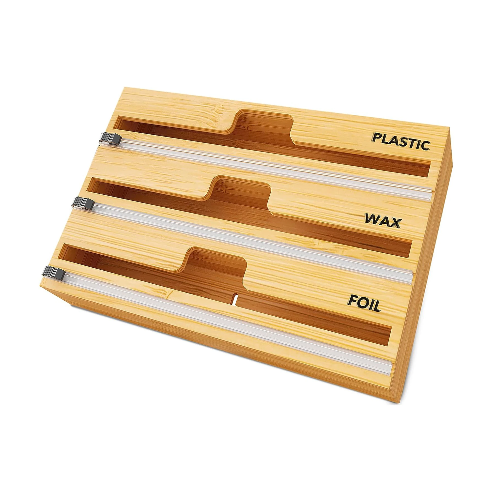 Brand New Design Plastic Wrap Storage Organizer 3 In 1 Bamboo Wood Plastic Wrap Dispenser With Slide Cutter