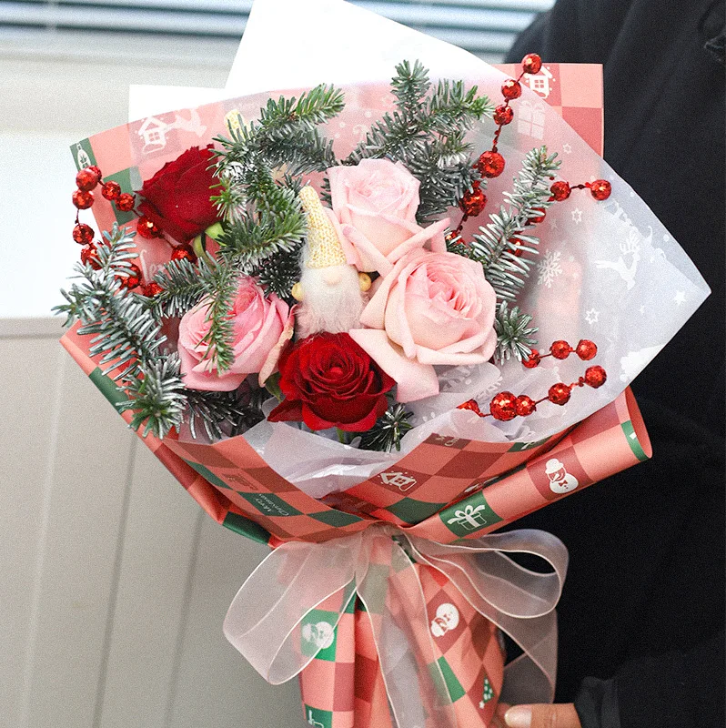 New Year Korean Style Christmas Kraft Paper Coated Flower Wrapping Paper with Snowman Reindeer and Tree for Gift Boxes Crafts