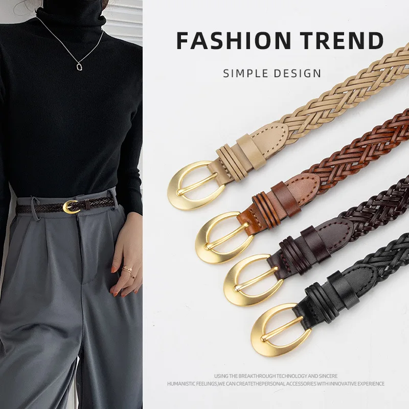 Fashion Female Woven Genuine Leather Thin Belt Vintage Beach Bohemian Style Decorative Skirt Pants Waist Belt