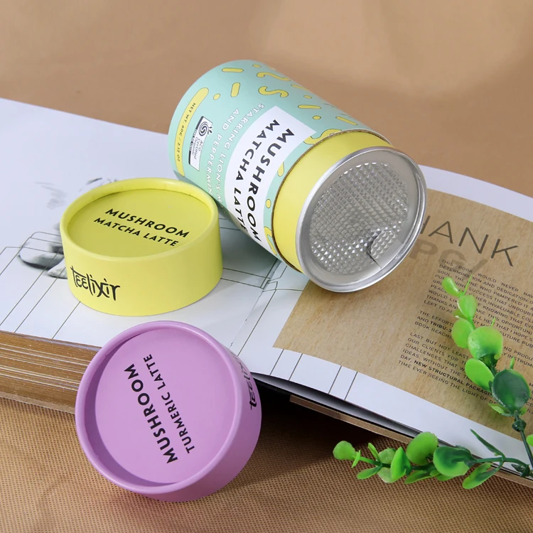 Custom Cylinder round food grade cardboard spice protein tea powder packaging paper tube with peel off airtight lid