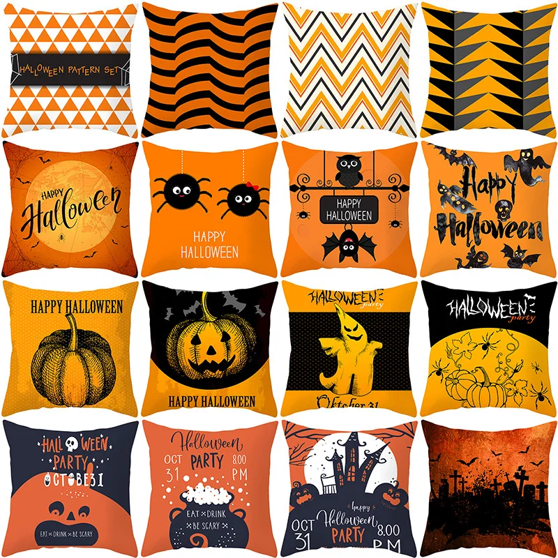 Halloween Cushion Cover 45x45 Polyester Pillowcase Decorative Sofa Chair Cushions Home Decor Black Yellow Pillow Cases