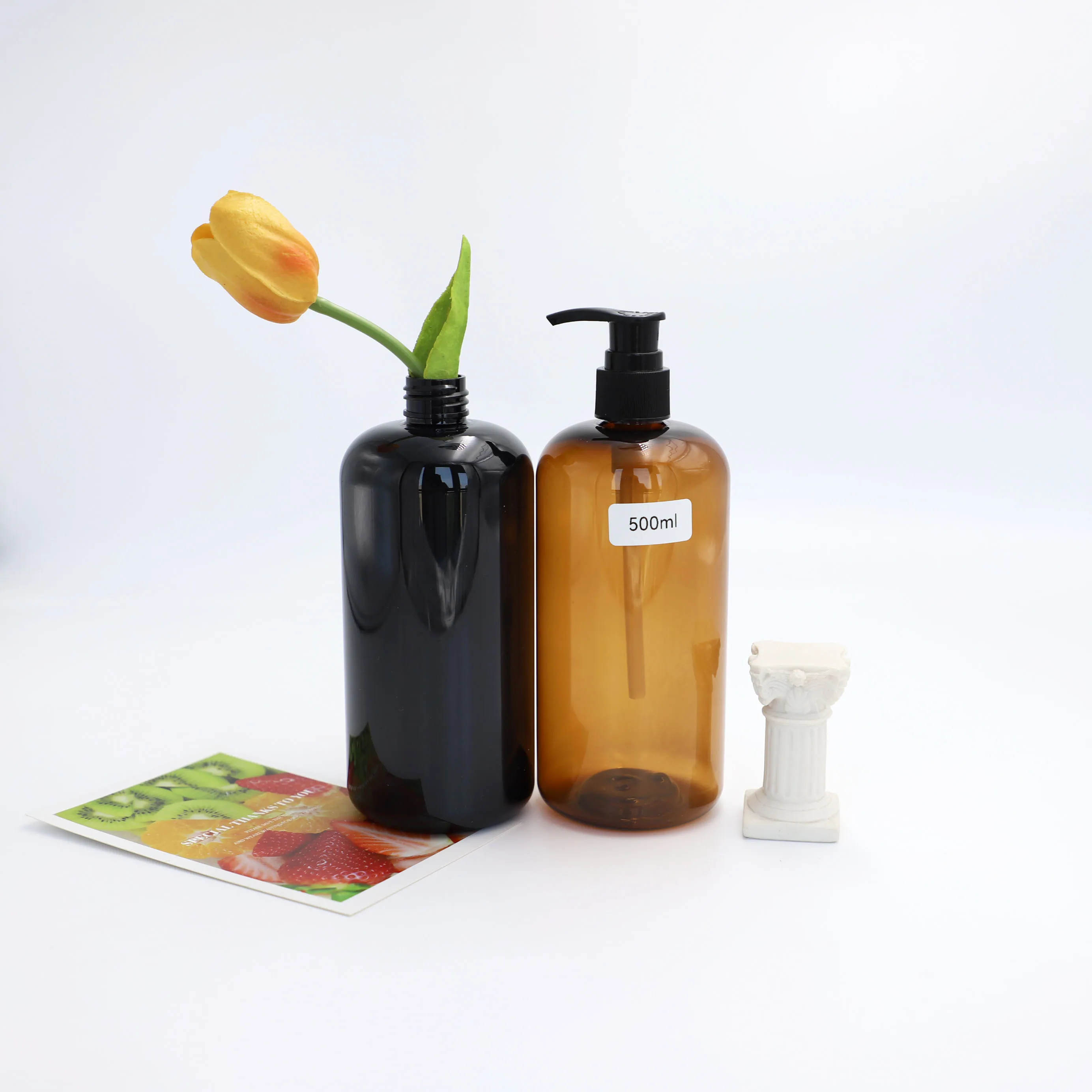 500ml Black Amber Boston Round Plastic Bottle with Lotion Pump for Cosmetic Shampoo Hand Soap