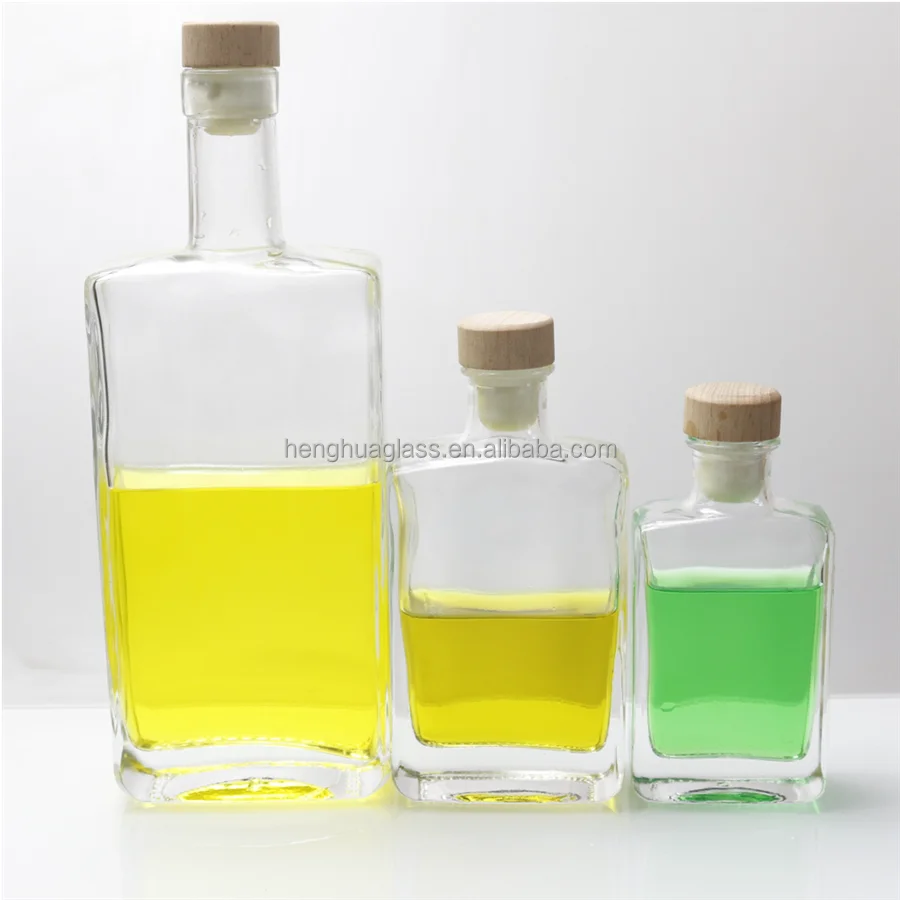 100ml 200ml 500ml super flint glass gin bottle flat square whiskey vodka spirit alcohol liquor tequila glass bottles with cork