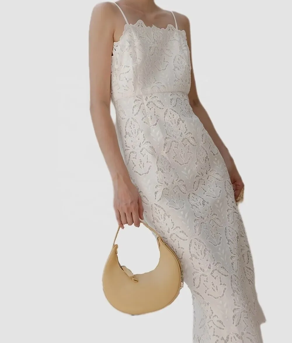Hot Custom Elegant Pure Fashion White Lace Embroidery Floral Dress Simple Design Spaghetti Strap Clothes Women Dress Midi Length