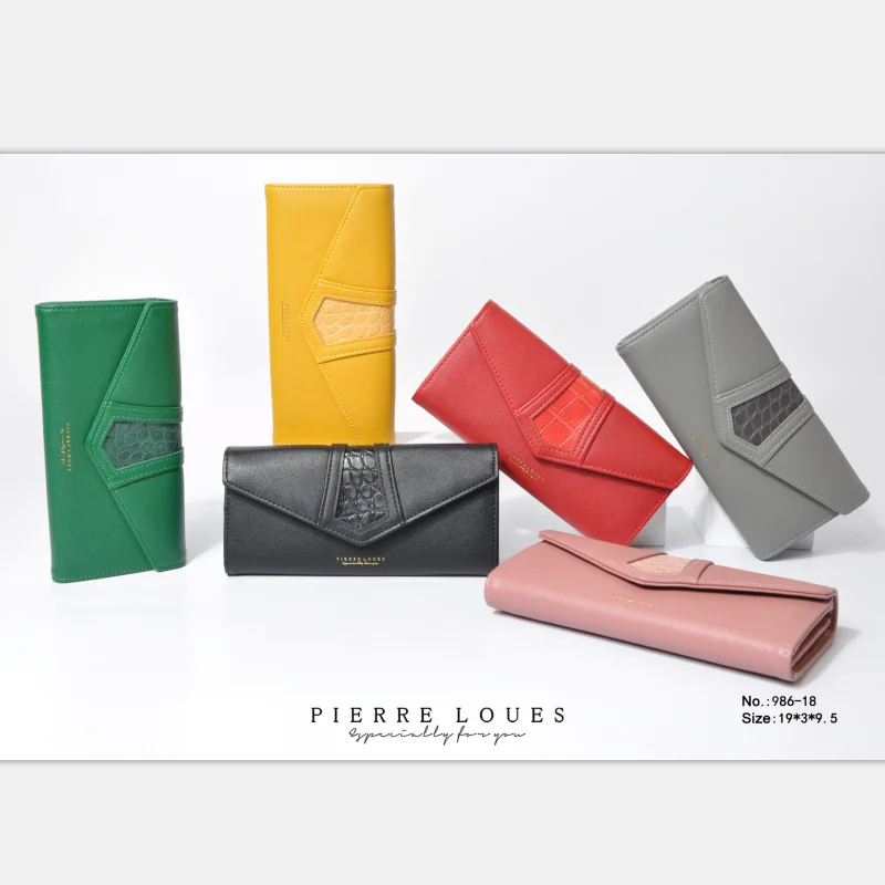 
Pierre Loues Long Women Wallet Crocodile Print Leather With Plain Material Money Card Purse 