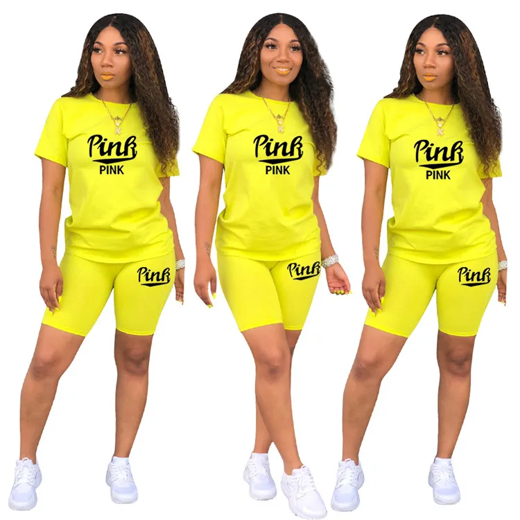 
Hot Sale Sport Ladies Tracksuit Letter Print T-shirt And Short Pants Spring Women 2 Piece Set 