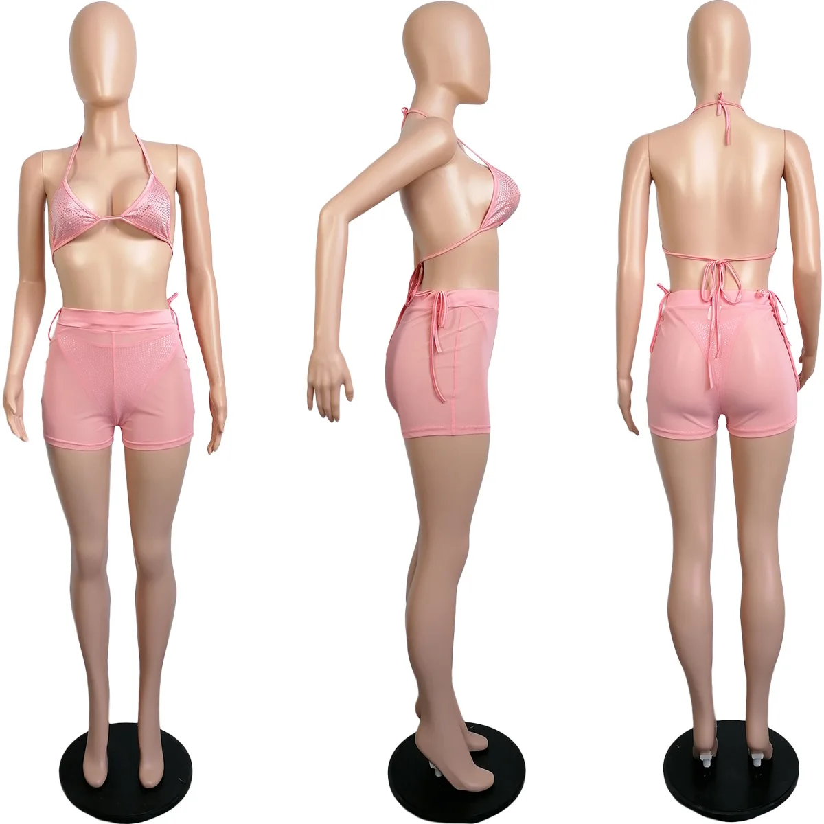 2022 Women 3 Piece Swimsuits Halter Rhinestone Bikinis & Beachwear Sexy Mesh Bath Suit