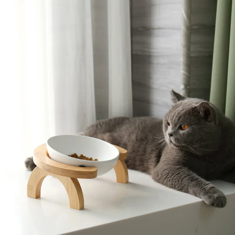 Ceramic Dog Bowl Pet Food and Water Bowl Pet Feeder Dog Bowl With Bamboo Stand Dog Dish Cat Dish