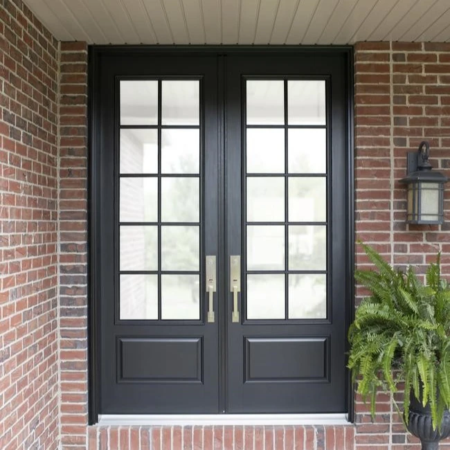 windproof black exterior aluminum single tempered glass metal frame casement swing wood entracne french doors