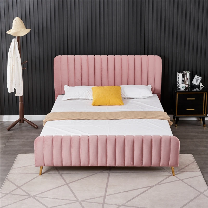 Girls room furniture set channel velvet tufted double bed frame pink beige white single double queen size bed with metal legs
