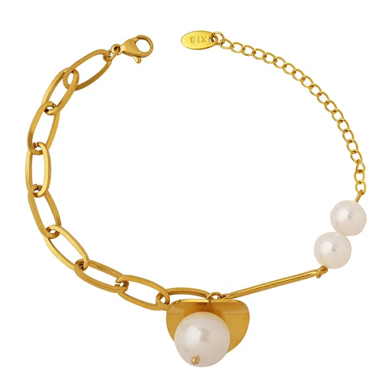 Hot Selling Vintage Faux Pearl Bracelet Spliced Chain Stainless Steel 18k Gold Plated Fashion Jewellery
