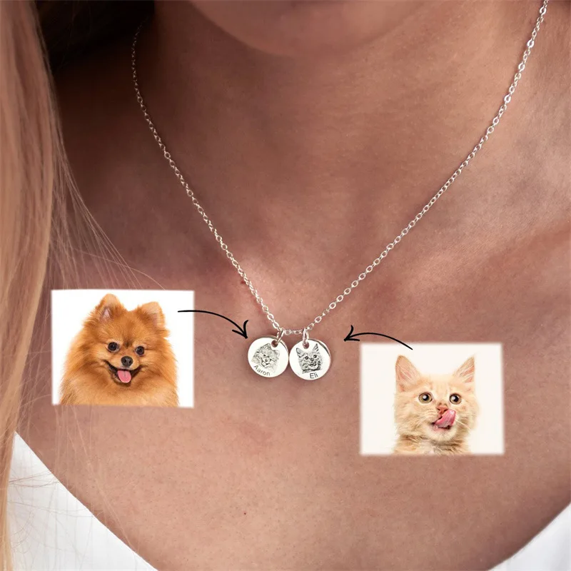 2024 Pet Portrait Necklace Custom Cat Dog Photo Jewelry Pet Birthday Gift for Pet Lover Engraved Portrait Necklace