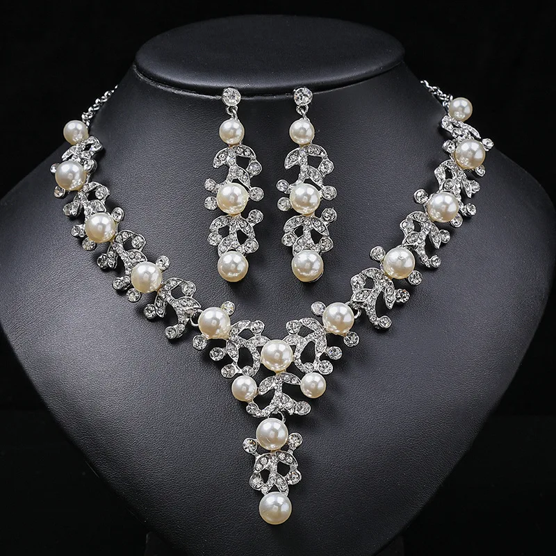 High Quality New Style Wedding Pearl Crystal Necklace Earrings Jewelry Sets