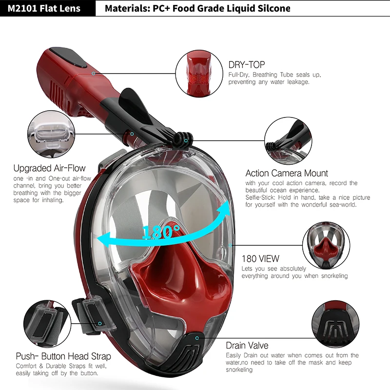 Thenice anti fog swimming glasses water sport equipment full face snorkel mask with go pro