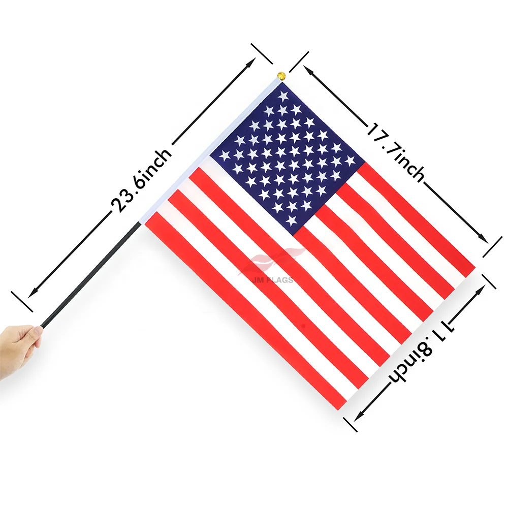 Wholesale 17.7*11.8 inch American Hand Flag black Pole Polyester Hand Decoration American Stick Flags