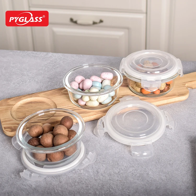 Three sets of mini round glass food storage containers with lids ,Glass food container with pine tray