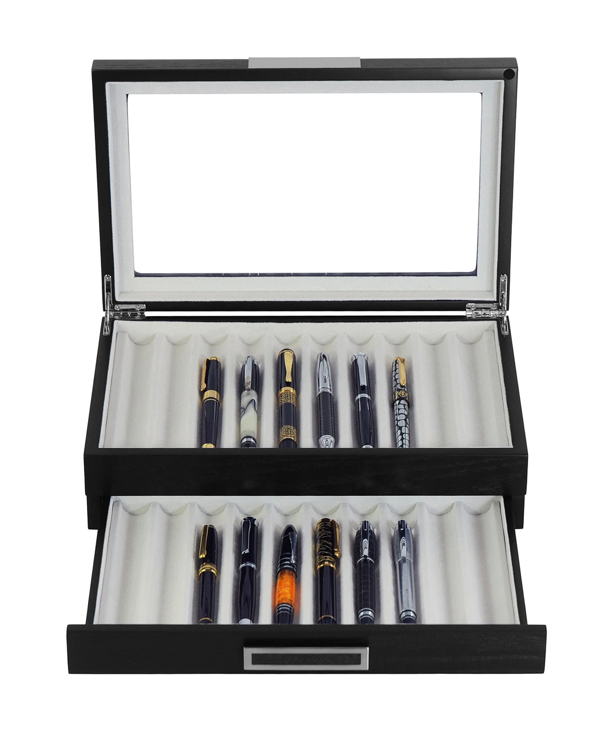 20 Piece Black Wooden Pen Display Case Storage and  Fountain Pen Collector Organizer Box with Drawer