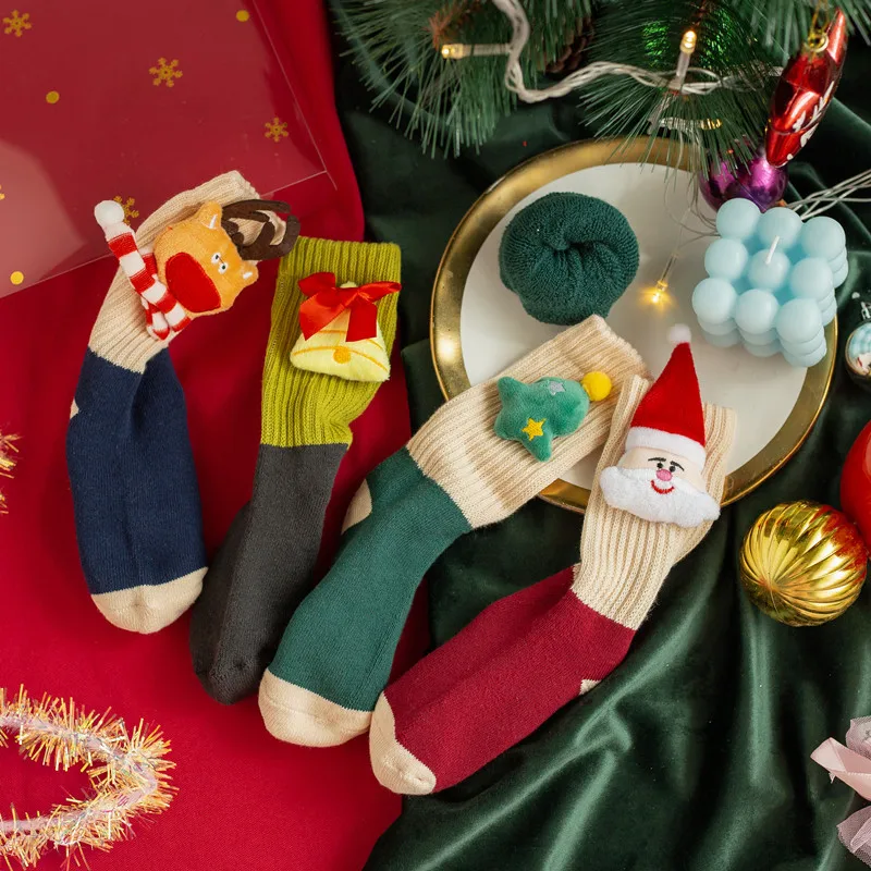 Jingwen OEM Calcetines Navidenos Winter Terry Christmas Baby Socks With Ribbons