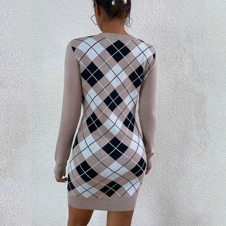 2024 New Collection Ladies Knitwear Suppliers Custom Argyle Pattern Bodycon Sweater Dress Geometric Knitted Fit Jumpers Woman