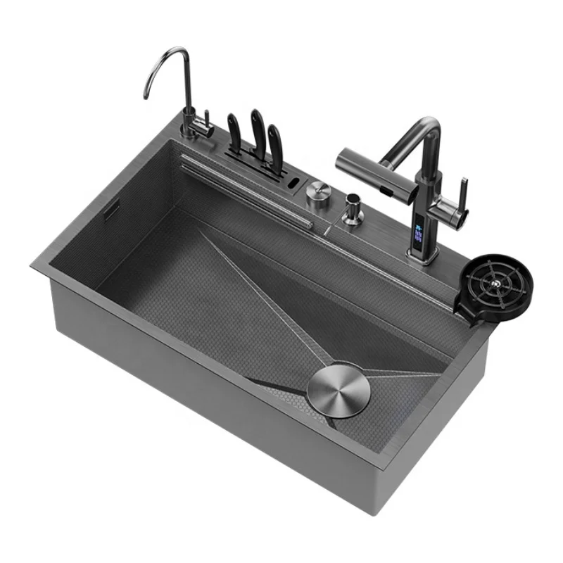 Modern 304 Digital Display Waterfall Faucet Bionic Honeycomb Single Bowl Advanced Stone Kitchen Sink