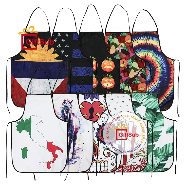 Fancy Custom Printed Kitchen Aprons Adult Kid White Sublimation Polyester Twill Apron Promotional Gifts Personalized Aprons