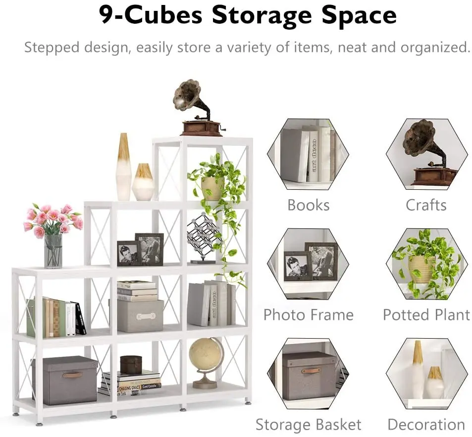 Modern Style Industrial Corner Bookshelf 9 Cubes Wooden Bookcase Display Shelf Storage Organizer for Home Office