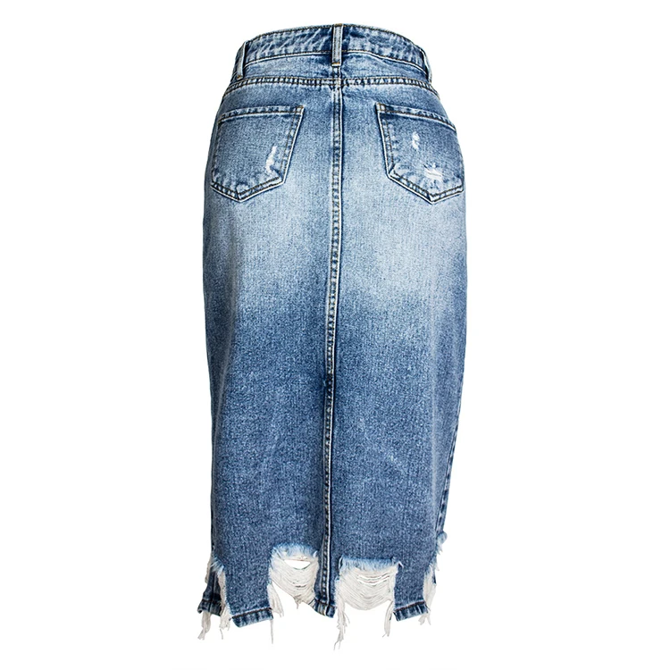 Fashion Irregular Tassel Distressed Hip Skirt Mid Length Denim Skirt For Women