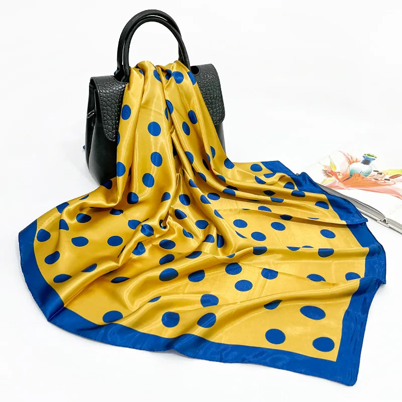 Wholesale Fashion Women Square Silk Head Scarf Polka Dot Printed Satin Silk Hijabs Scarves 90x90